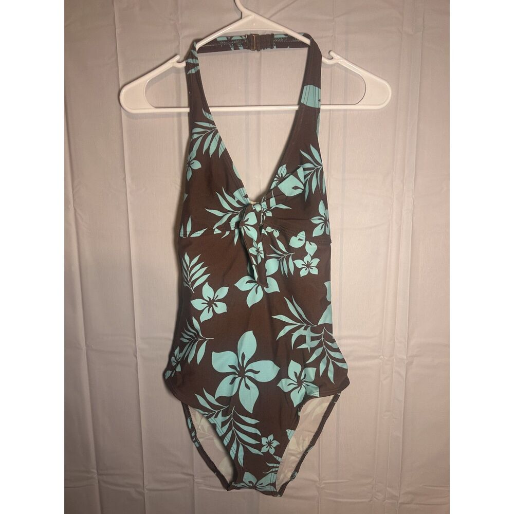 Ocean Dream Tropical Floral Halter One Piece Swimsuit Brown Turquoise 12 Y2K